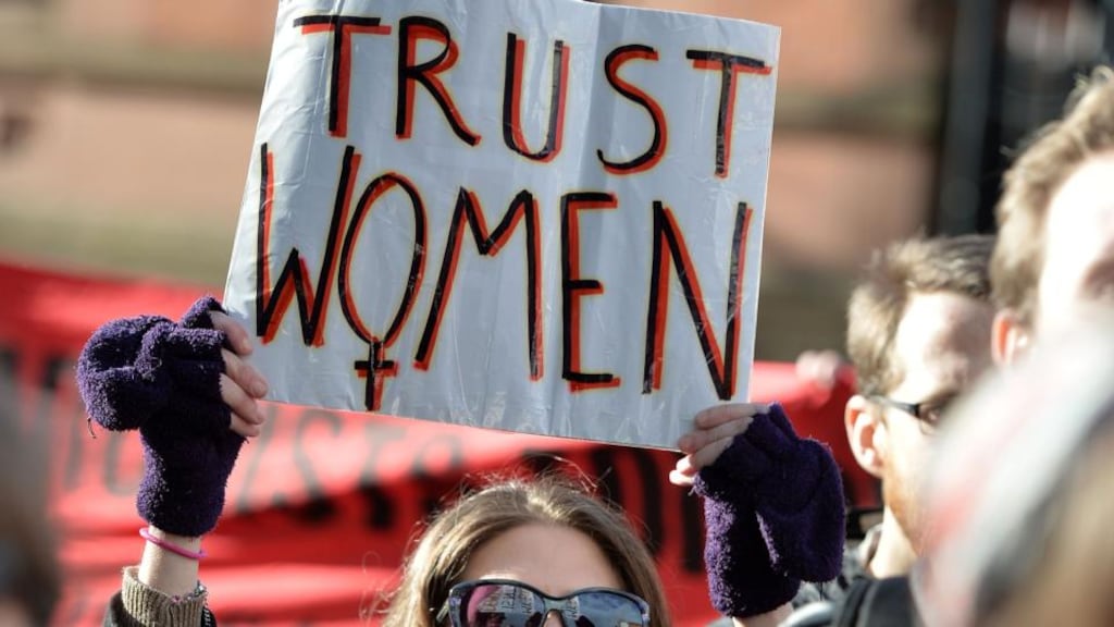 A pro-choice supporter in Belfast at a protest after a woman was sentenced for procuring her own abortion. Photograph: Charles McQuillan/Getty Images