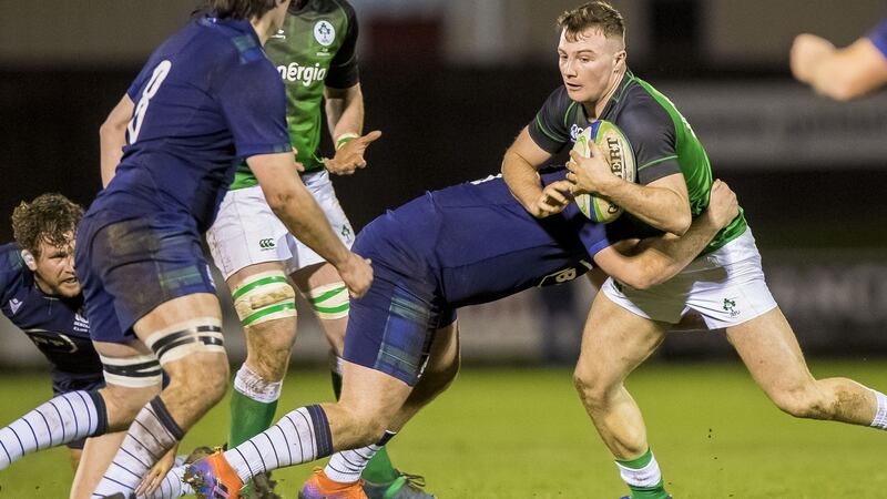 Pat Ryan is tackled during Ireland’s win at Netherdale. Photograph: Craig Watson/Inpho
