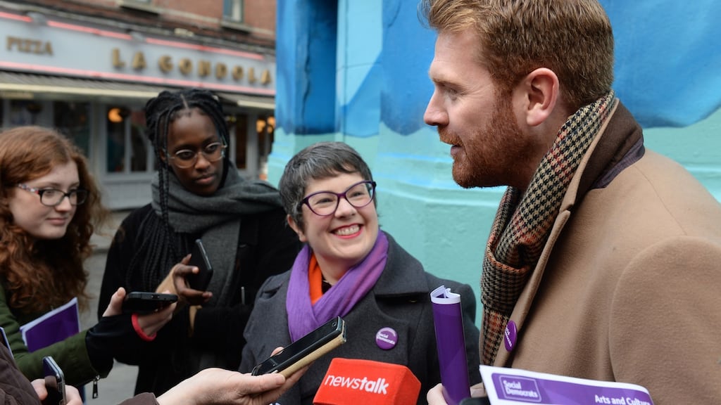 Sarah Durcan (centre) and Cllr Gary Gannon, Social Democrats candidates in Dublin Bay South and Dublin Central respectively, launch the party’s arts and culture manifesto for the general election in Temple Bar, Dublin. Photograph: Dara Mac Dónaill