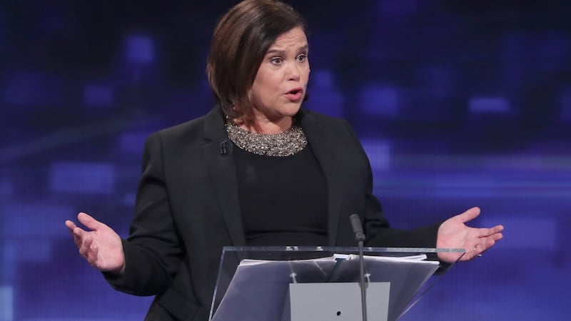Sinn Féin president Mary Lou McDonald during the final TV leaders’ debate at the RTE studios in Donnybrook, Dublin. Photograph: EPA/Niall Carson