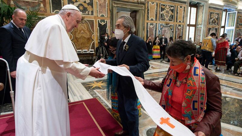 Pope Francis receiving a delegation of the Indigenous Peoples of Canada on Friday afternoon. Photograph: Getty Images