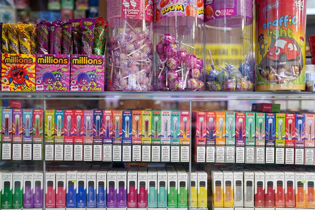 Disposable vapes of varying flavours on sale in a store. Photograph: Jacob King/PA Wire.