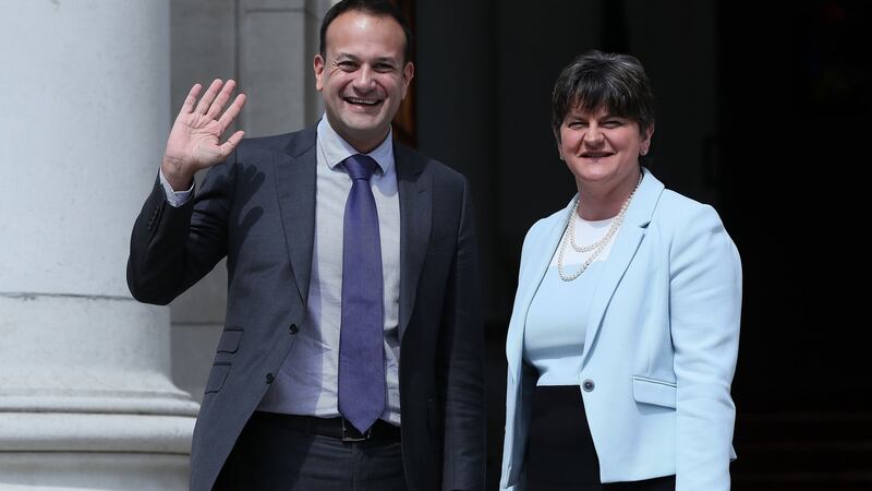 Taoiseach Leo Varadkar welcomes DUP leader Arlene Foster to Government Buildings in Dublin on Friday. Photograph: PA