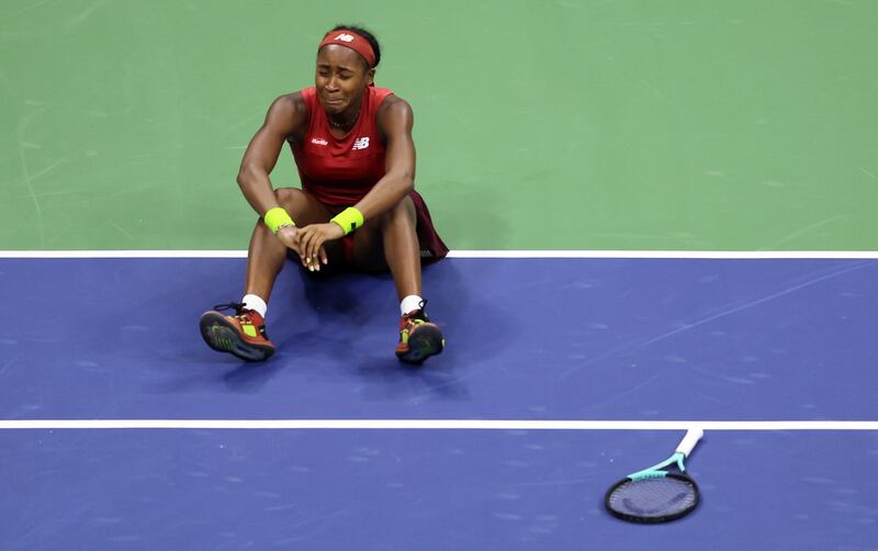 Coco Gauff of the United States celebrates match point against Aryna Sabalenka of Belarus in their US Open women's singles final at the USTA Billie Jean King National Tennis Center in New York. Photograph: Clive Brunskill/Getty