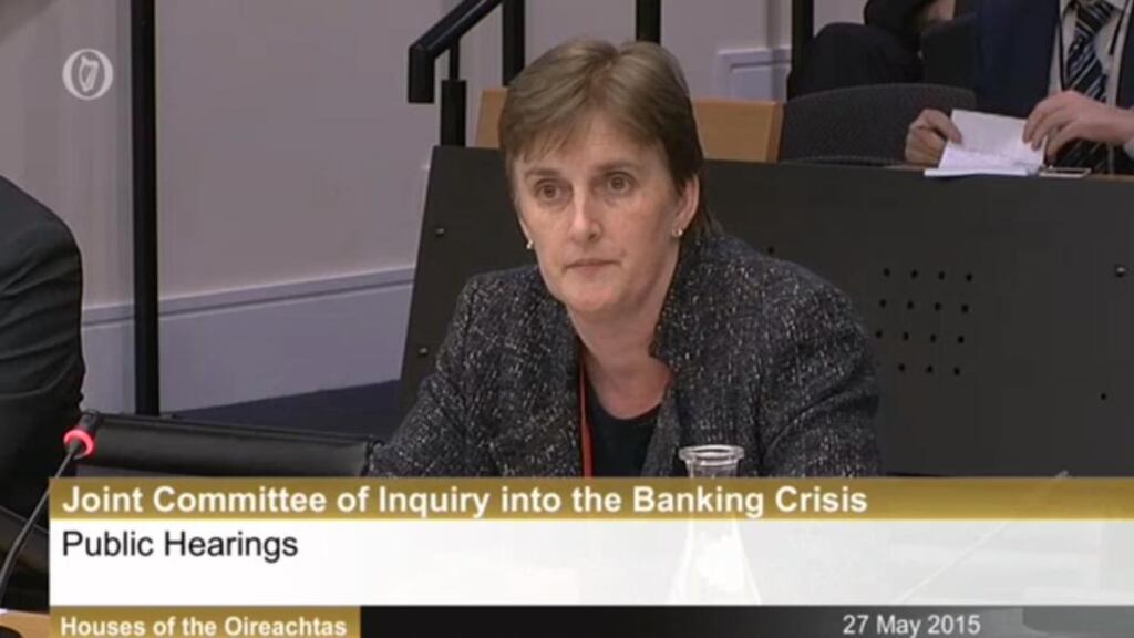 Mary Burke, head of banking supervision in the Central Bank from 2006-2008, appearing at the Banking Inquiry on May 27th, 2015. Photograph: Oireachtas TV