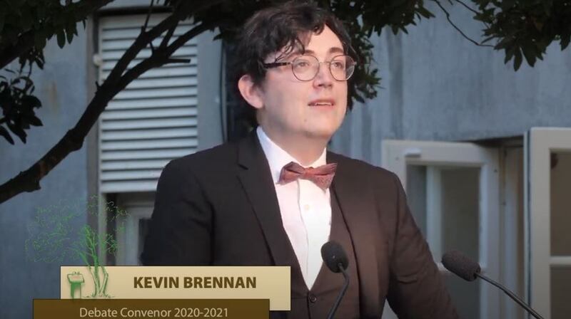 The Irish Times Debate Final convenor, Kevin Brennan, speaks as the event begins on Saturday evening in the gardens of the Museum of Literature Ireland, St Stephens’s Green, Dublin. Screengrab: Youtube