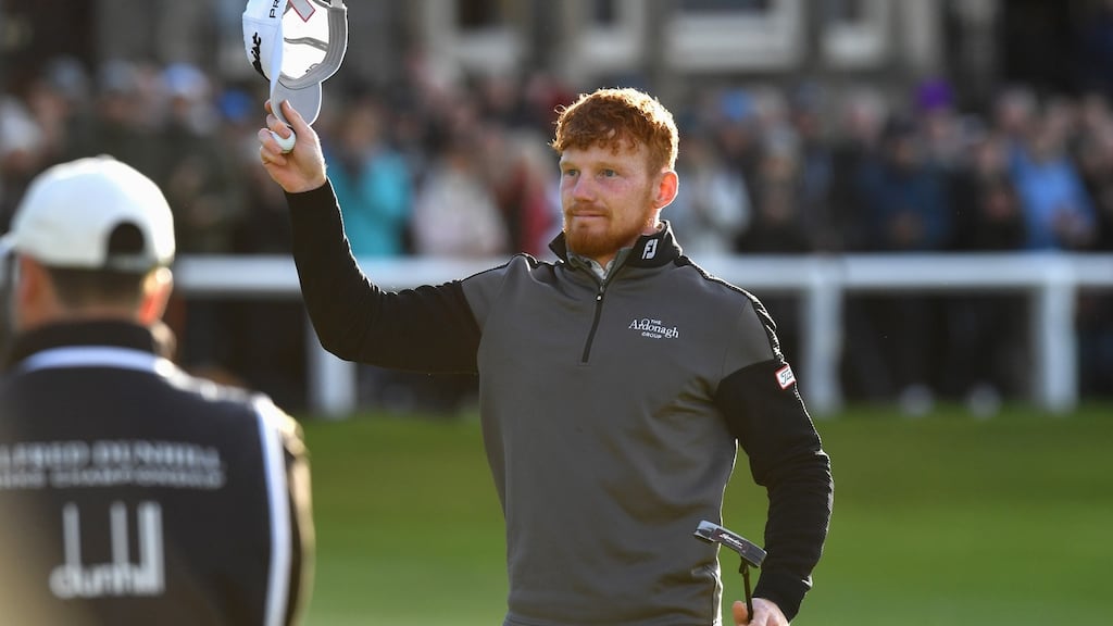 John Murphy acknowledges the crowd on the 18th green after the final round of the Alfred Dunhill Links Championship. Photo: Mark Runnacles/Getty Images