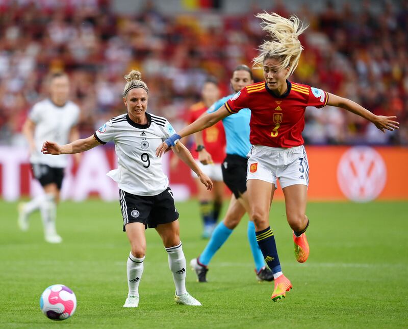Svenja Huth of Germany is challenged by Laia Aleixandri of Spain during their Women's Euro 2022 Group B match in Brentford, England. Photograph: Mike Hewitt/Getty Images