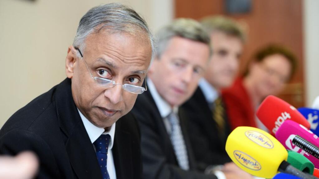 Sabaratnam Arulkatumaran (left), Chairperson, and Dr Philip Crowler, National Director for Quality and Patient Safety, at the publication of the Health Service Executive (HSE) clinical review report into the death of Savita Halappanavar. Photograph: Eric Luke