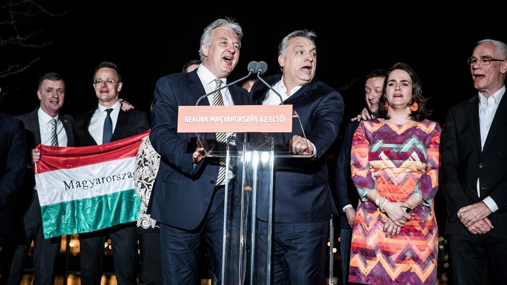 Viktor Orban (third right) celebrates his party’s election victory. Photograph: Akos Stiller/Bloomberg