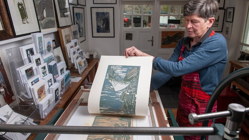 Sheelyn Browne making a print in her Gallery, Westport, Co. Mayo. Pic: Michael McLaughlin