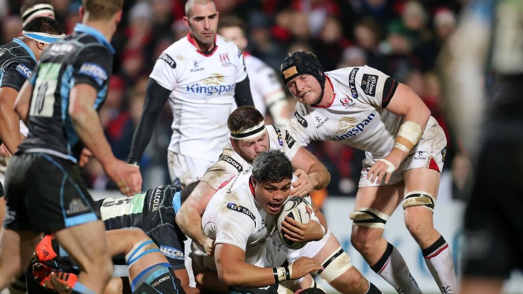Ulster’s Nick Williams is tackled during his side’s win over Glasgow. Photograph: Inpho