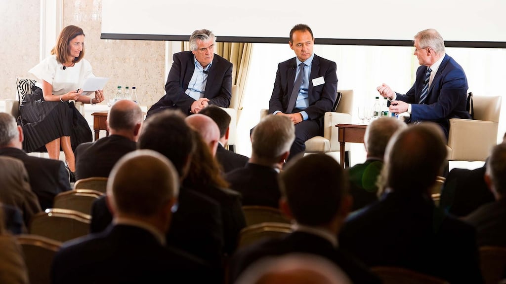 Aisling Dodgson of Investec, Pat Byrne, CEO of Cityjet, Philip Shaw of Investec UK and Gabriel D’Arcy, CEO of LacPatrick Dairies at an Investec briefing, Brexit Battleground: Insights from the Frontline, in Dublin. Photograph: Conor Healy