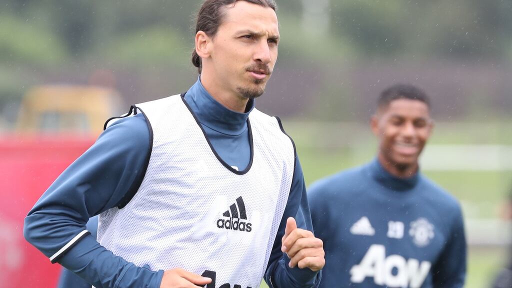 Zlatan Ibrahimovic of Manchester United in action during a first team training session at Aon Training Complex in Manchester, England. Photo: John Peters/Man Utd via Getty Images