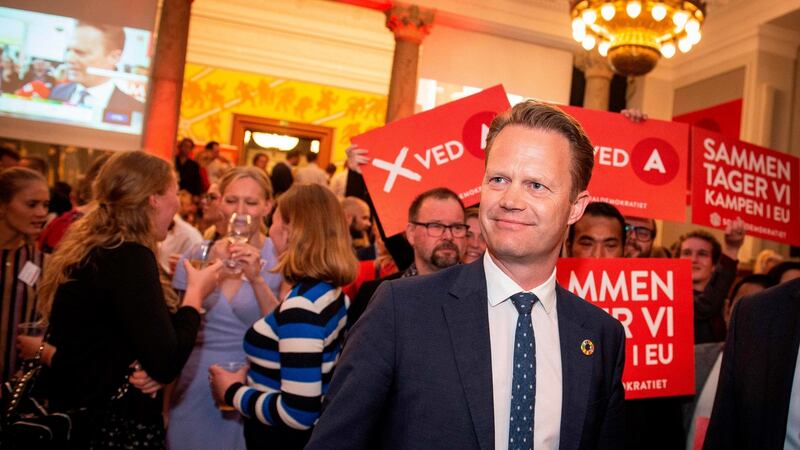 Jeppe Kofod, leading candidate of the Social Democrats in Denmark, at an EU election party in Copenhagen on Sunday. Photograph: Liselotte Sabroe/Ritzau Scanpix/AFP/Getty Images