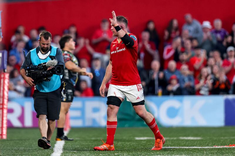 Munster's Peter O’Mahony waves to fans as he leaves the field on Friday. Photograph: Ben Brady/Inpho