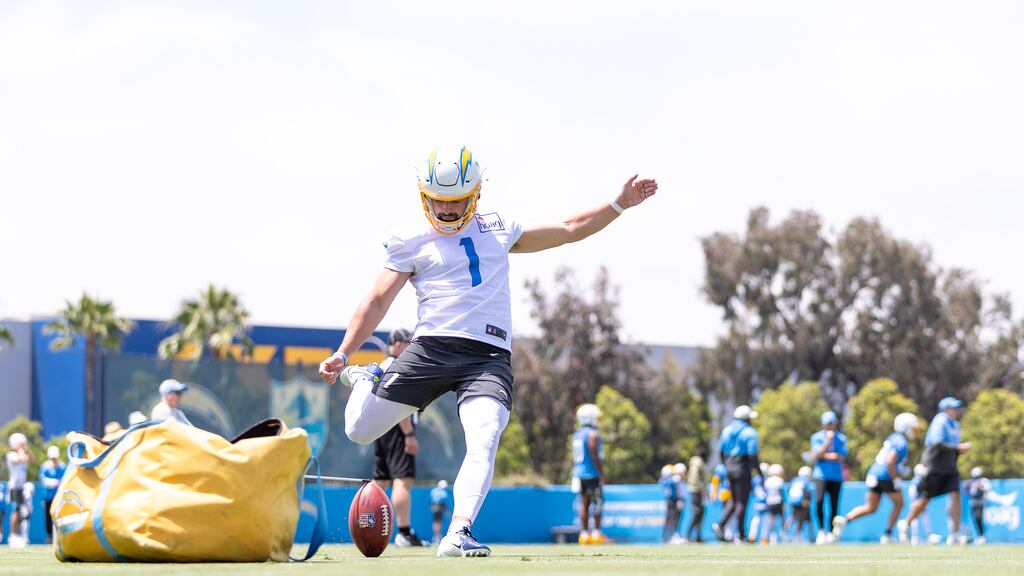 James McCourt takes a kick during the Los Angeles Chargers rookie mini-camp at Hoag Performance Center in Costa Mesa, California. Photograph: Mackenzie Hudson/Los Angeles Chargers