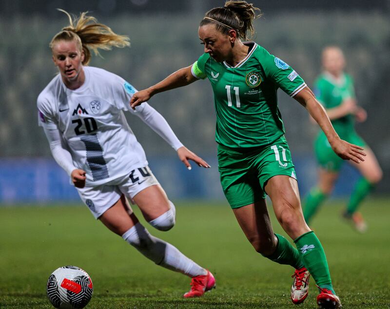 Slovenia's Zara Kramžar and Ireland's Katie McCabe. Photograph: Ryan Byrne/Inpho