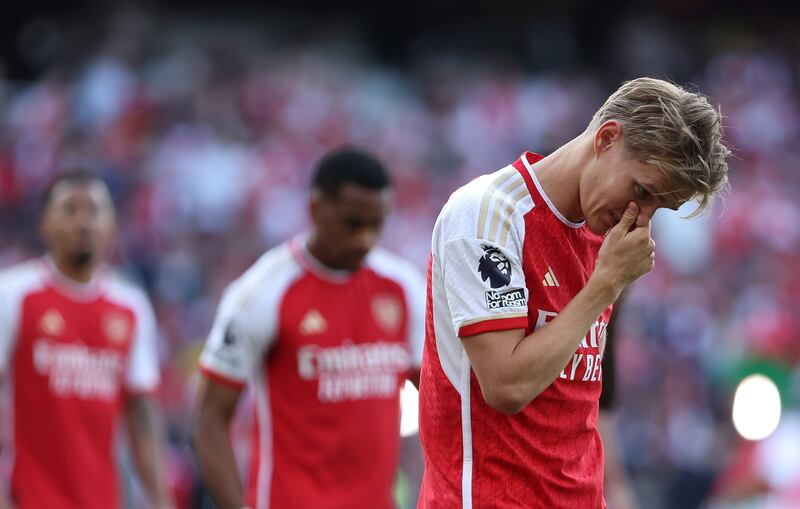 Martin Odegaard of Arsenal reacts after the final day disappointment of losing out in the title race to Manchester City. Photograph: Julian Finney/Getty Images
