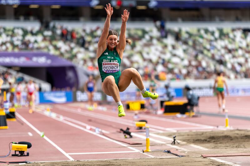 Kate O’Connor during the jump. Photograph: Morgan Treacy/Inpho