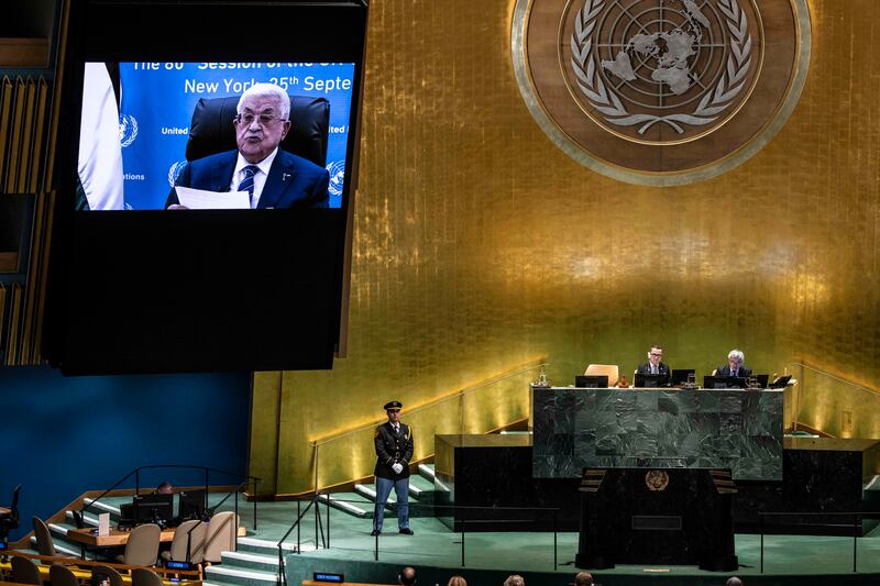 Palestinian president Mahmoud Abbas gives a remote addresses the United Nations General Assembly on Thursday. Photograph: Dave Sanders/New York Times