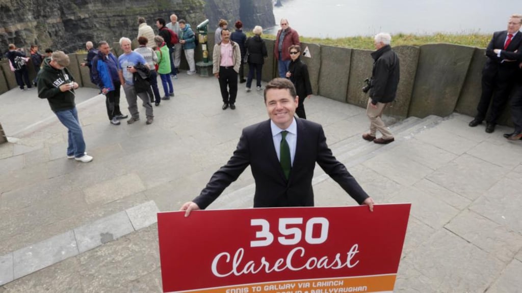 Minister for Transport Paschal Donohoe at the Cliffs of Moher in Clare to launch the new Ennis-Galway Bus Éireann routes. Photograph: Brian Arthur/Press 22