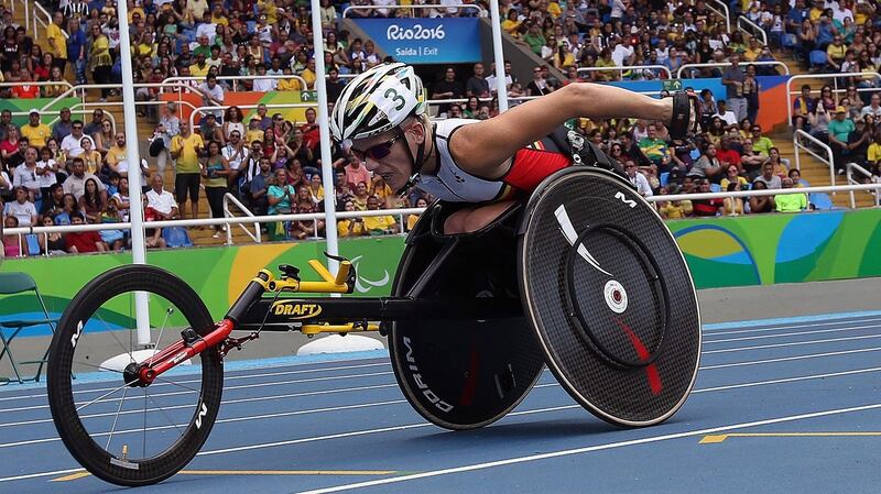 Belgium’s Marieke Vervoort during the women’s 400m wheelchair race at the Paralympics Games in Rio de Janeiro, Brazil. Photograph: Marcelo Sayao/EPA
