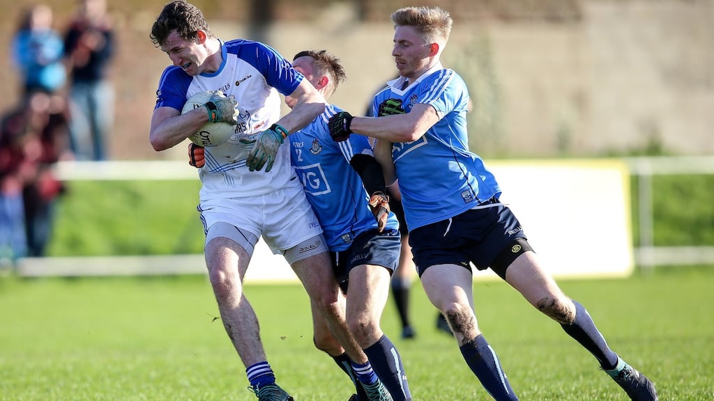 Dublin’s Adam Rogers and Killian O’Gara with Aaron Elliot of the Dubs Stars. Photograph: Gary Carr/Inpho