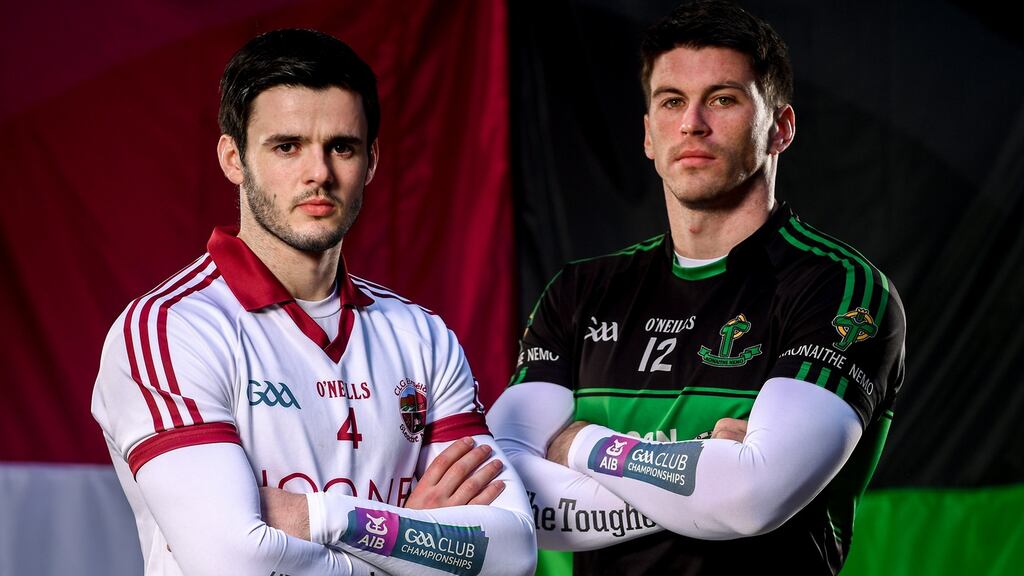 Slaughtneil’s Karl McKaigue and Nemo Rangers’ Barry O’Driscoll ahead of the AIB GAA All-Ireland club semi-final. Photograph: Sam Barnes/Sportsfile
