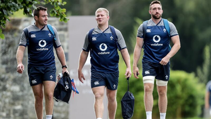 Niall Scannell, John Ryan and Jack Conan at Ireland Rugby squad training at Carton House, Co Kildare on Tuesday. Photograph: Laszlo Geczo/Inpho