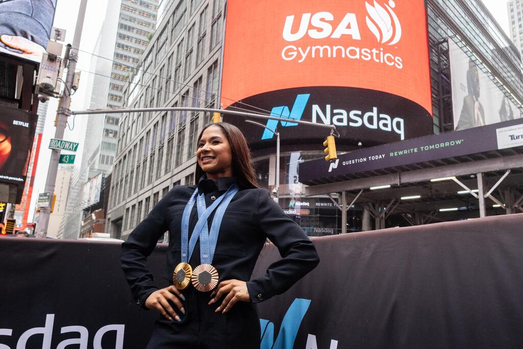 Jordan Chiles, a member of the 2024 USA Olympic gymnastics team, will have to return the bronze medal she was awarded for her floor routine. Photograph: Jeenah Moon/Bloomberg via Getty Images