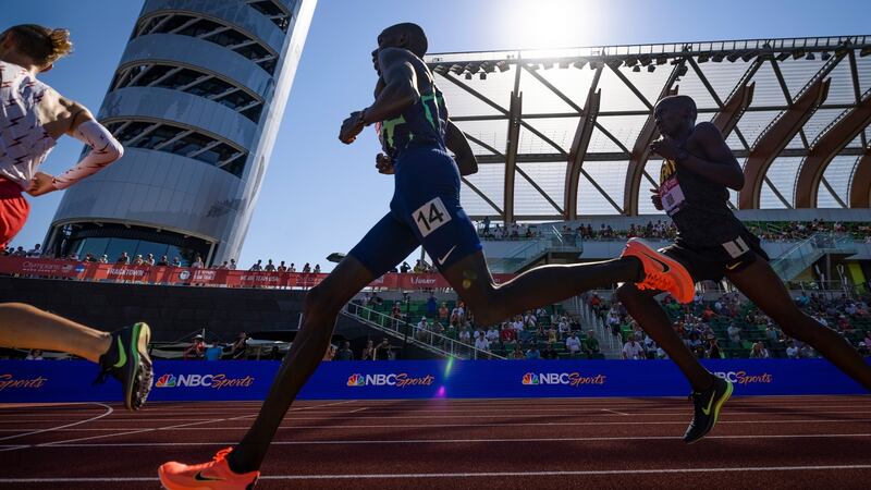 Woody Kinkaid, Paul Chelimo and Emmanuel For compete in the men’s 5,000 meter final at the US Olympic trials in Eugene, Oregon on Wednesday June 23rd. Photograph: Alexandra Garcia/New York Times