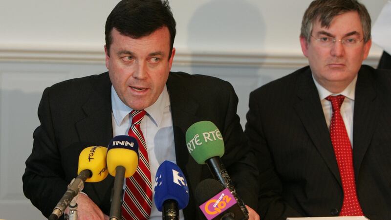 Brian Lenihan and Kevin Cardiff at the Department of Finance in 2009, when Lenihan announced that the Government had decided to take Anglo Irish Bank into public ownership. Photograph: Frank Miller