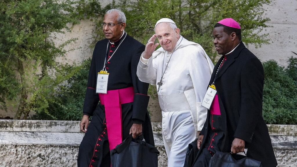 Pope Francis waves as he arrives for the second day of a global child protection summit on the sex abuse crisis within the Catholic Church. Photograph: Giuseppe Lami/AFP/Getty Images