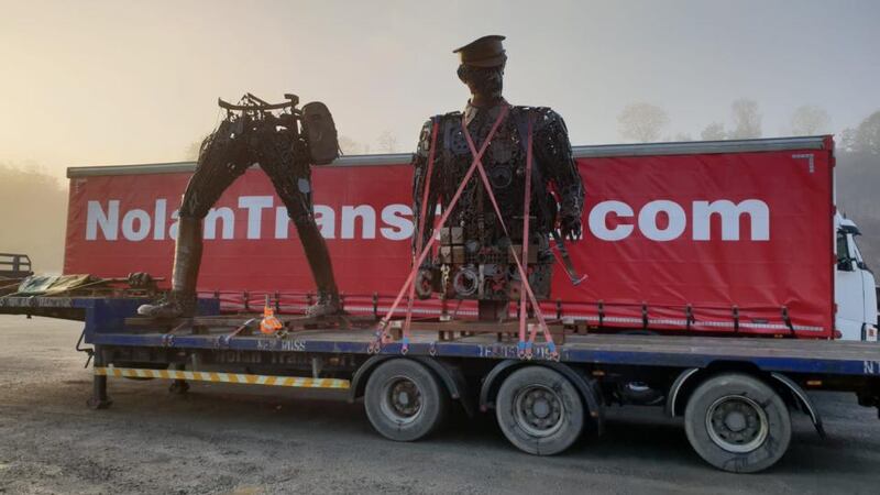 The ‘Haunting Soldier’, which was removed to Dublin by Nolan Transport, will be unveiled in St Stephen’s Green, Dublin, on Sunday.