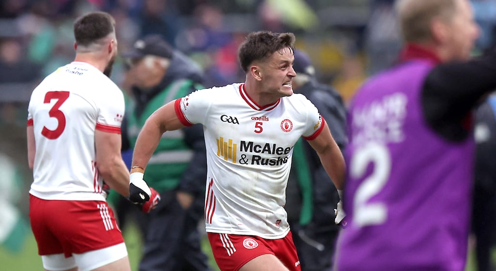 Michael McKernan celebrates Tyrone's victory against Donegal in Ballybofey last Saturday. Photograph: John McVitty/Inpho