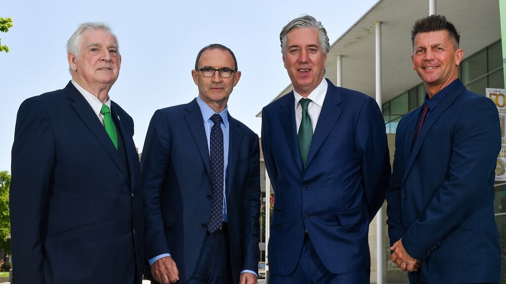 FAI President Tony Fitzgerald, Martin O’Neill, FAI CEO John Delaney and Republic of Ireland Women’s head coach Colin Bell at the 2018 Football Association of Ireland’s Festival of Football and AGM Launch at Vertigo, County Hall, Co Cork. Photograph: Harry Murphy/Sportsfile