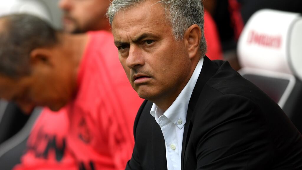 José Mourinho  looks on as Manchester United lose 3-2 to Brighton & Hove Albion at American Express Community Stadium last Sunday.  Photograph: Mike Hewitt/Getty Images