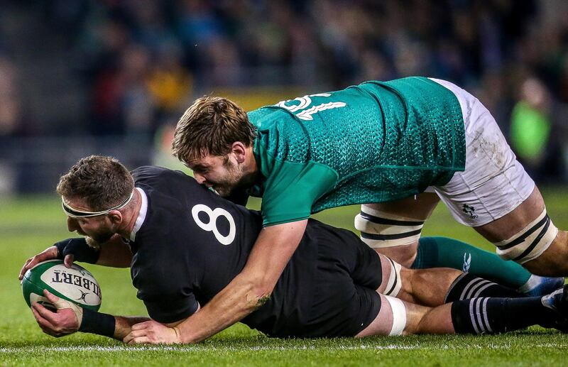 Iain Henderson grapples with New Zealand’s Kieran Photograph: Gary Carr/INPHO