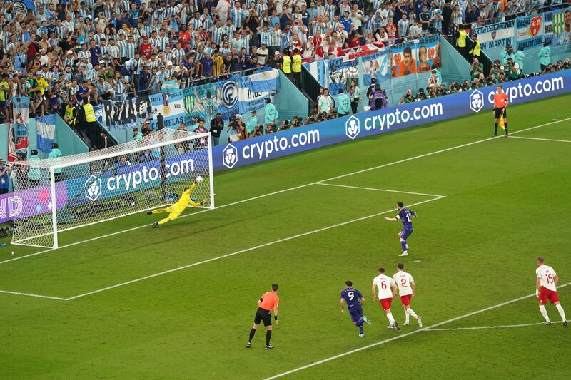 Poland goalkeeper Wojciech Szczesny saves a penalty from Argentina's Lionel Messi during the World Cup Group C match at Stadium 974 in Doha. Photograph: Adam Davy/PA Wire