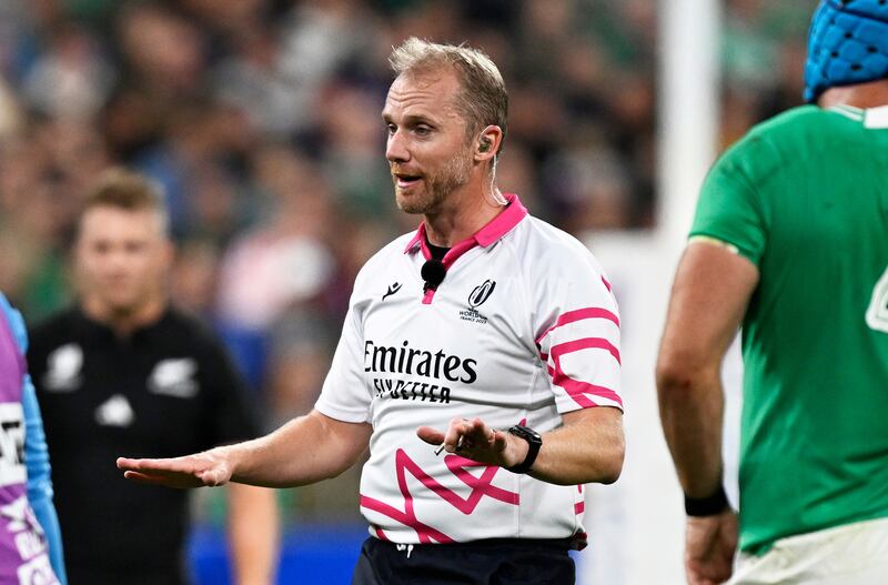 Wayne Barnes gives a decision during the Rugby World Cup quarter-final between Ireland and New Zealand at the Stade de France. Photograph: Andrew Cornaga/Inpho/Photosport
