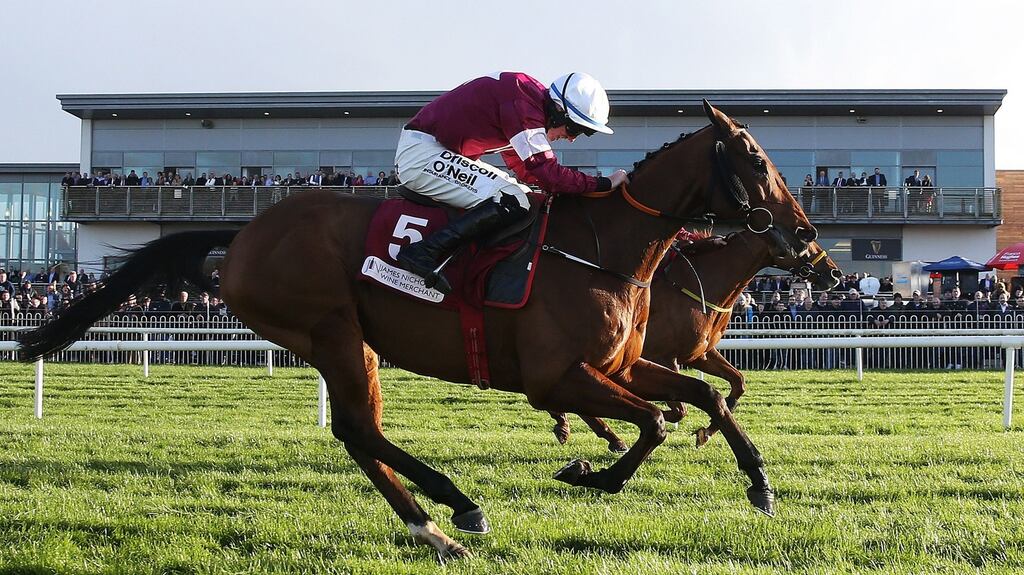 Outlander ridden by Jack Kennedy  on the way to winning the JNwine.com Champion Steeplechase  at Down Royal. Photograph:  Brian Lawless/PA Wire