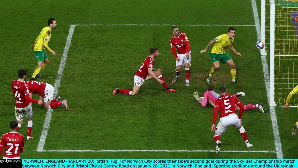 Jordan Hugill scores his and Norwich City’s second goal during the Championship match against Bristol City at Carrow Road. Photograph: Julian Finney/Getty Images