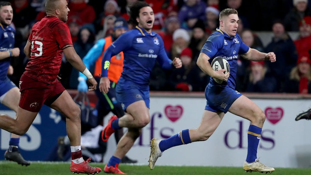 Leinster’s  Jordan Larmour  scores a spectacular try against Munster at Thomond Park. Photograph: Dan Sheridan/Inpho