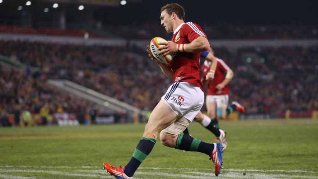 George North breaks clear for his first try during the match between Combined Country and the British & Irish Lions at Hunter Stadium. Photograph: David Rogers/Getty Images