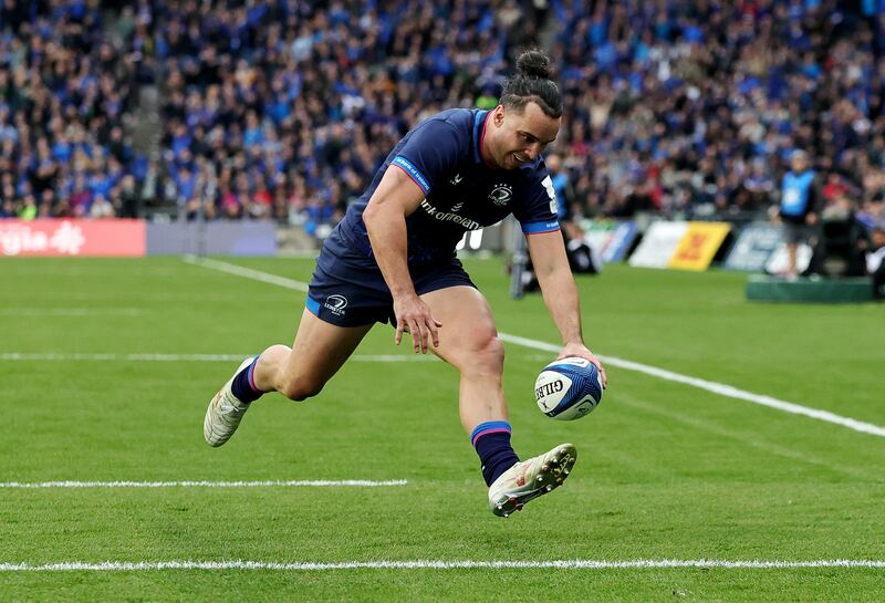 James Lowe of Leinster Rugby runs in to score his team's third try, to complete his hat-trick. Photograph: David Rogers/Getty