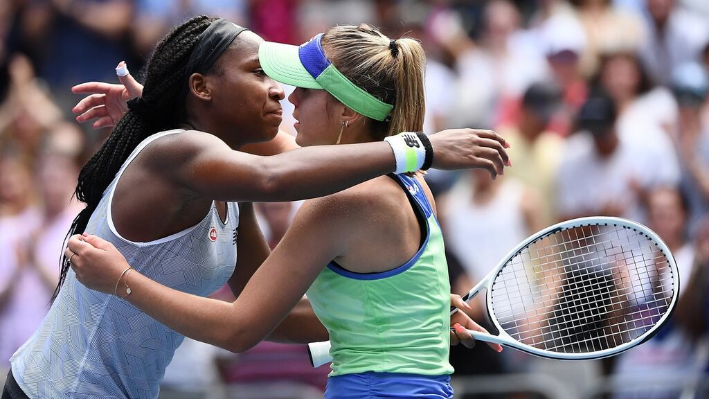 Coco Gauff hugs Sofia Kenin following their Women’s Singles fourth round match on day seven of the 2020 Australian Open at Melbourne Park. Photo: Quinn Rooney/Getty Images