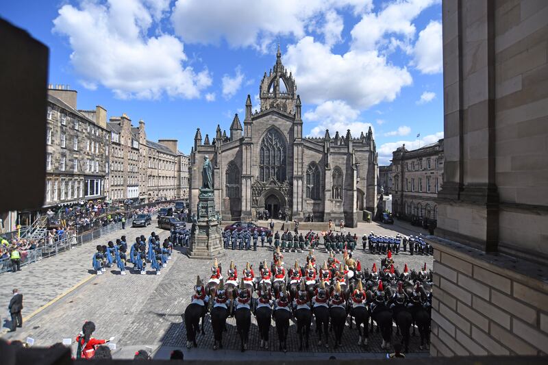 Pomp and splendour of the British royals: King Charles III and Queen Camilla arrive at St Giles' Cathedral, Edinburgh, for the national service of thanksgiving and dedication for them both, on July 5th, in Edinburgh, Scotland. Photograph: Mike Boyd Pool/Getty