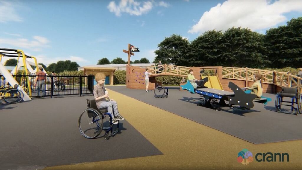 The Crann Centre's new playground will feature a giant pirate ship, swings, slides, ramps and climbing walls. There will also be a sensory garden, basketball court, accessible tabletop games, picnic benches and a barbecue area.