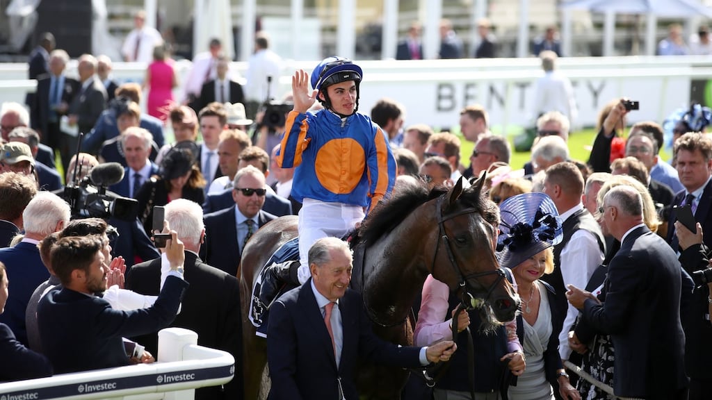 Donnacha O’Brien celebrates after winning the Investec Oaks on  Forever Together at the  Derby Festival at Epsom. Photograph: John Walton/PA Wire.